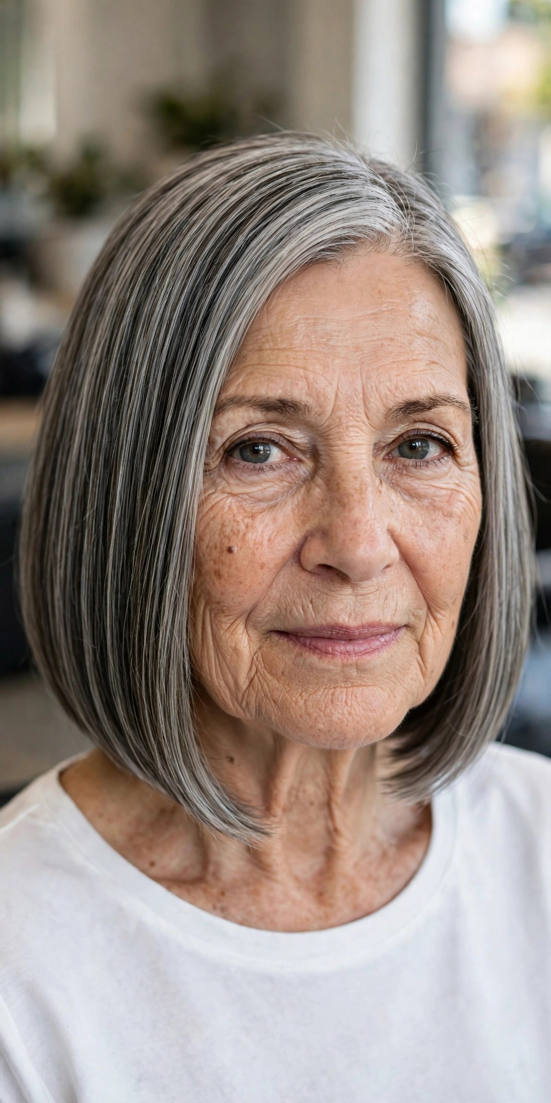 Glossy highlights and lowlights on a sleek bob - woman over 50