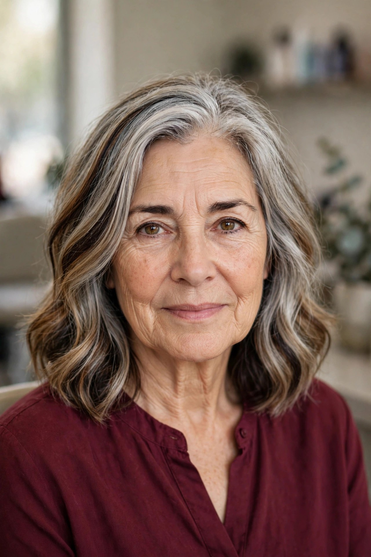 Warm golden lowlights for depth on silver hair - woman over 50