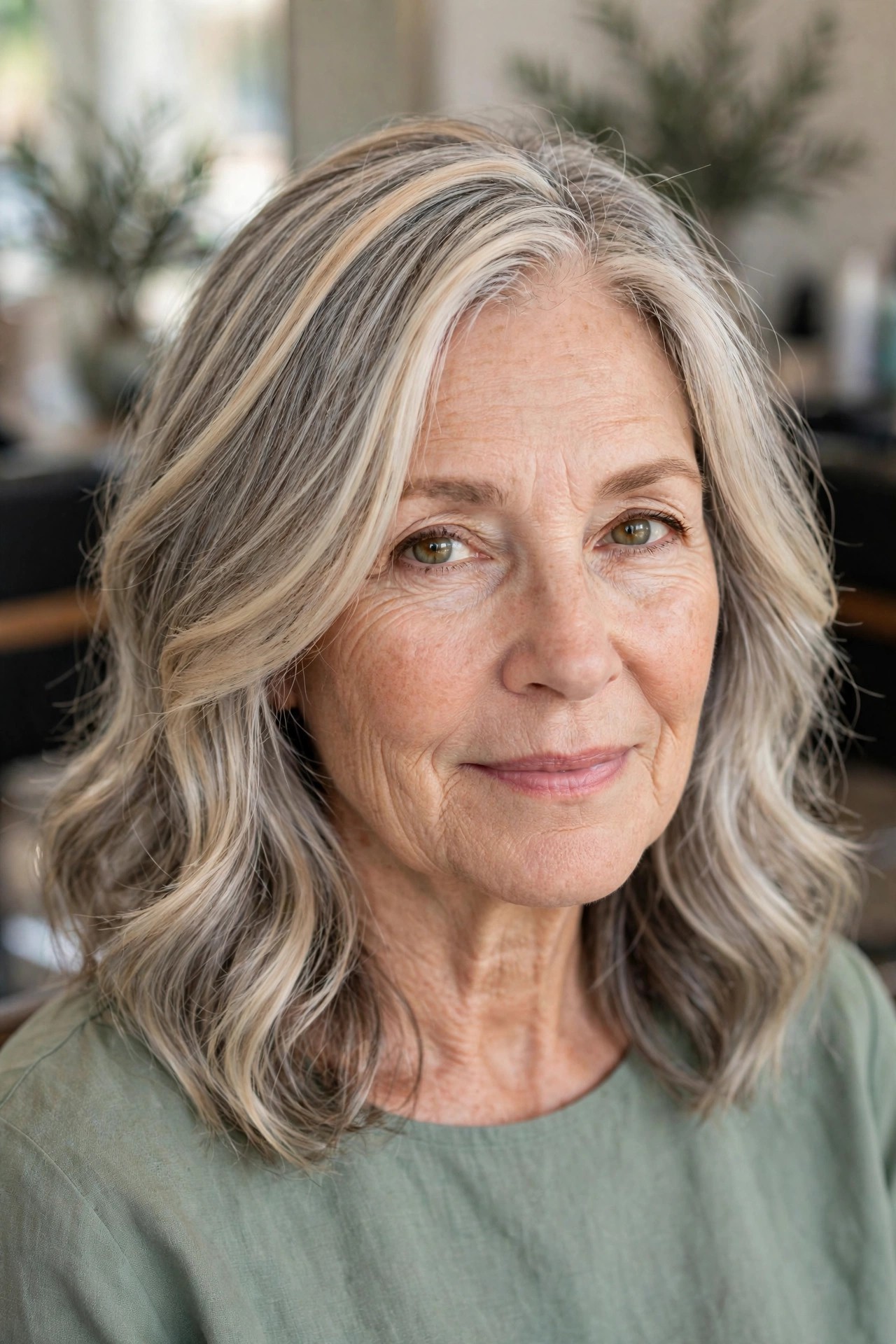 Champagne highlights on salt-and-pepper hair - woman over 50
