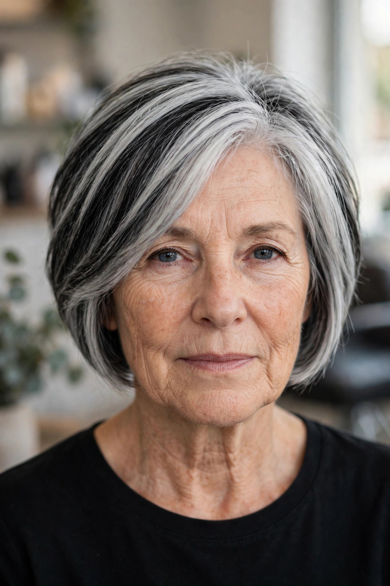 Charcoal lowlights on a silver bob - woman over 50