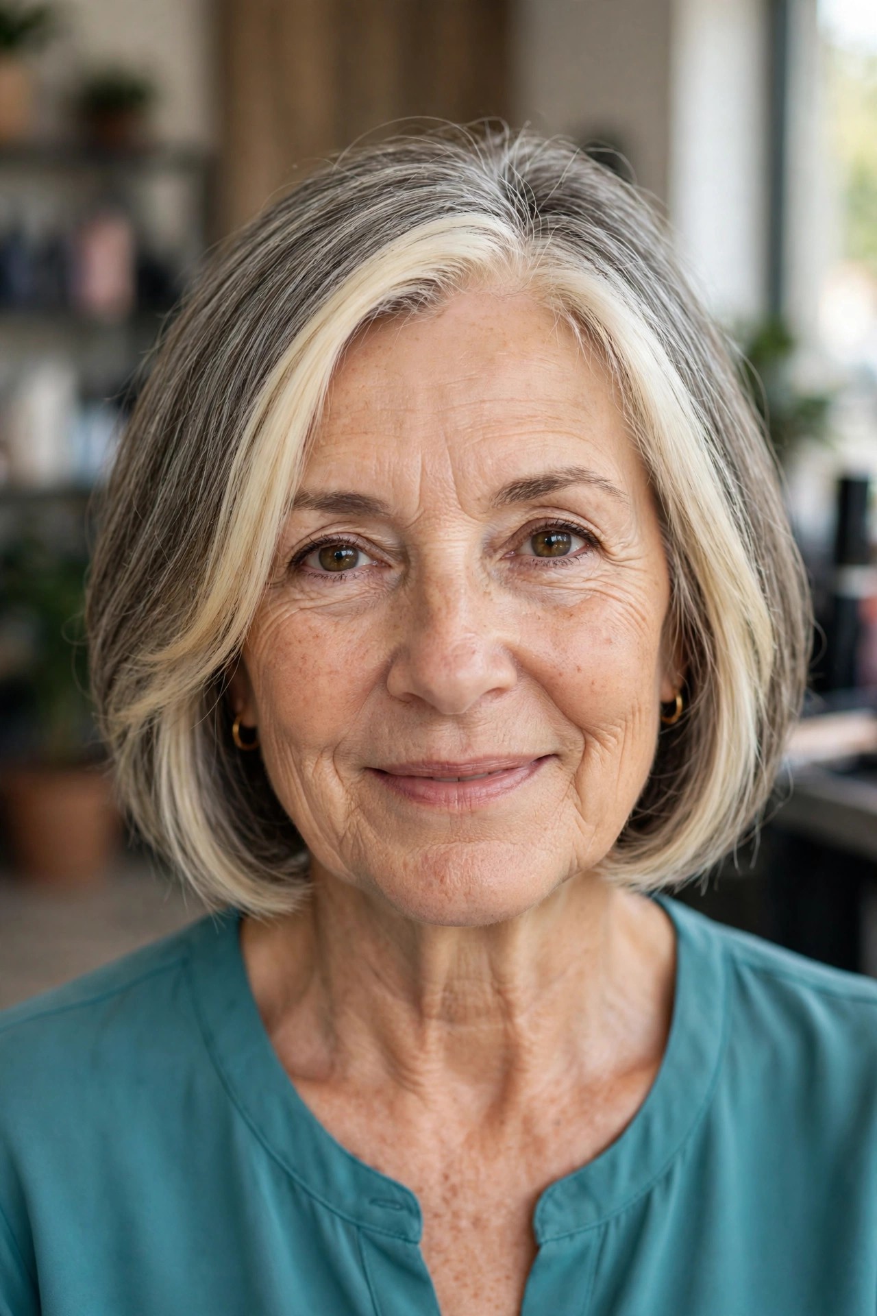 Face-framing money piece highlights on a graying bob - woman over 50