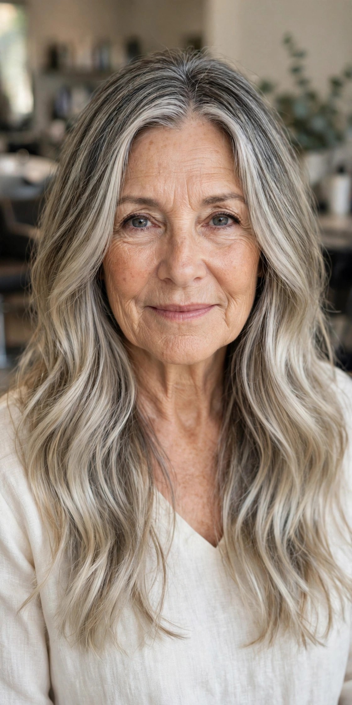 Balayage highlights melting into natural gray - woman over 50