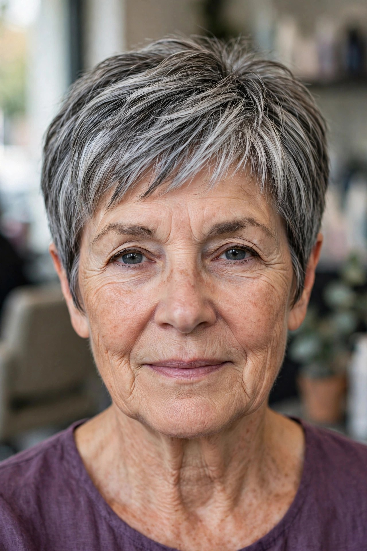 Pewter and steel lowlights on a silver pixie-bob - woman over 50