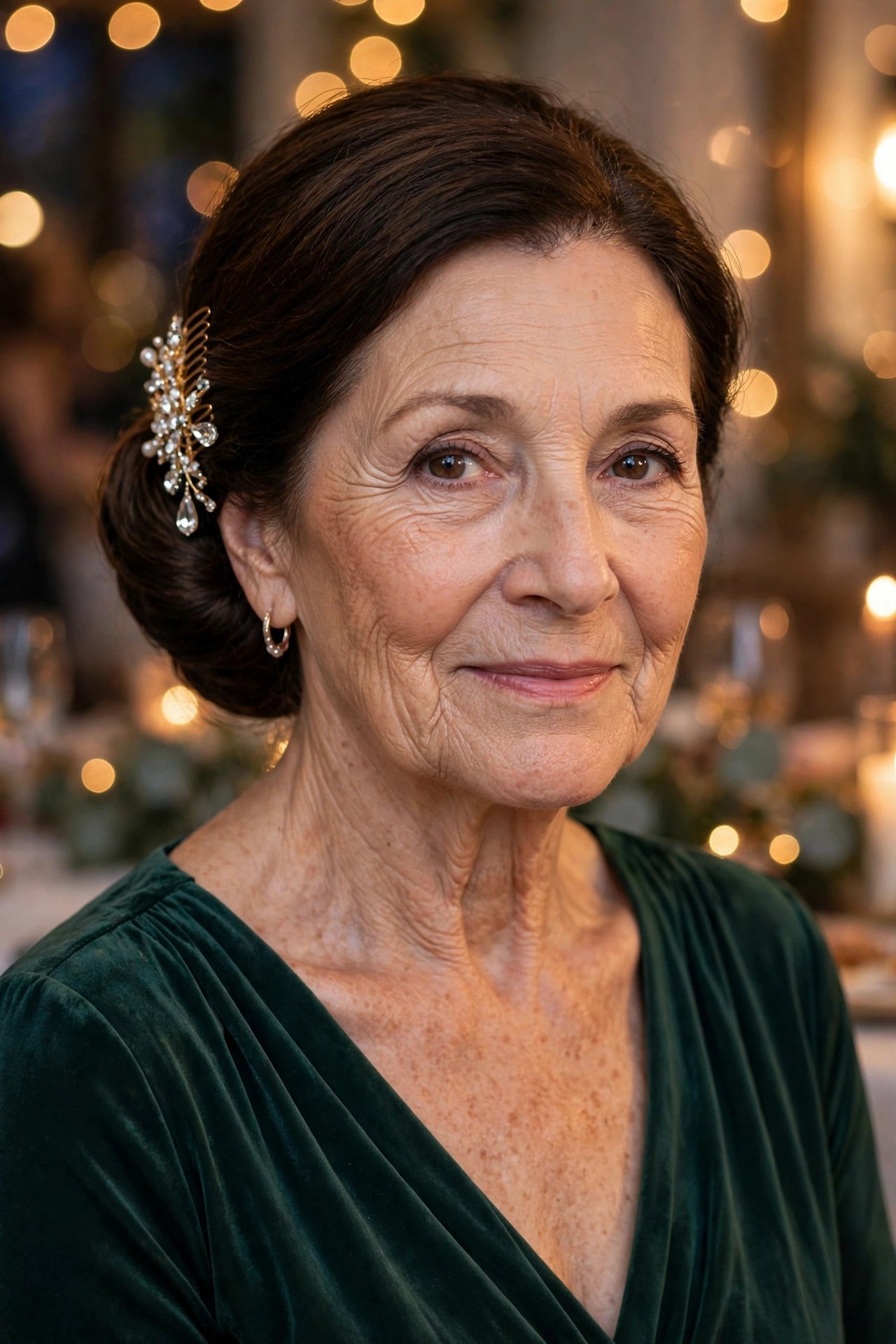 Classic low chignon with a jeweled hair comb on a woman over 50 at a holiday party