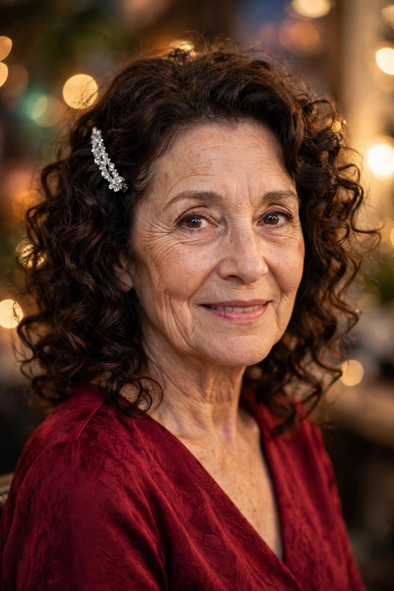 Pinned-back glossy curls with a crystal barrette on a woman over 50