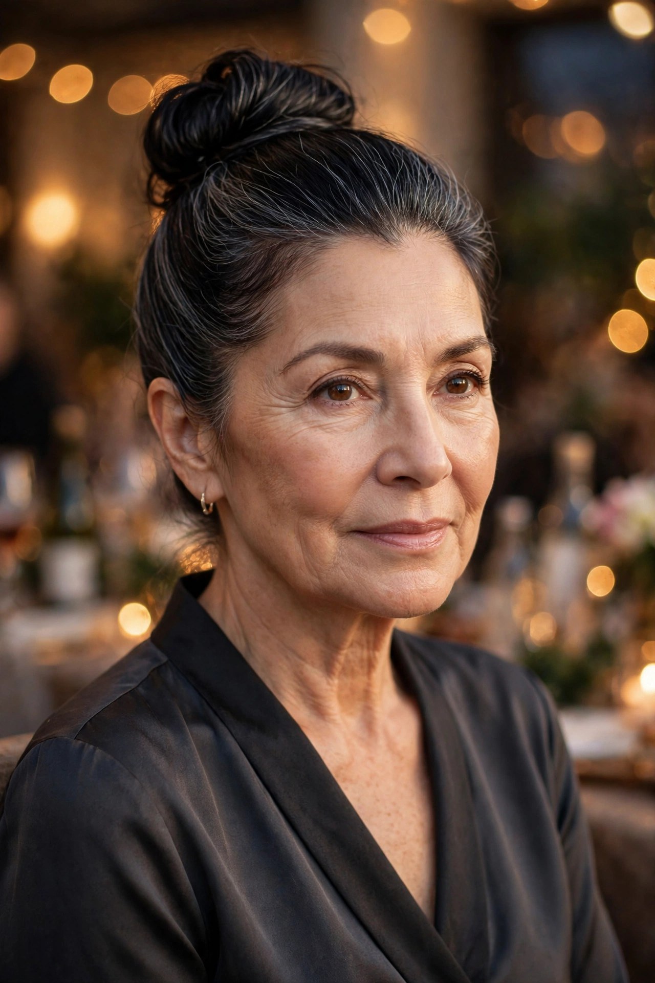 Chic high top knot bun on a woman over 50 at a holiday party