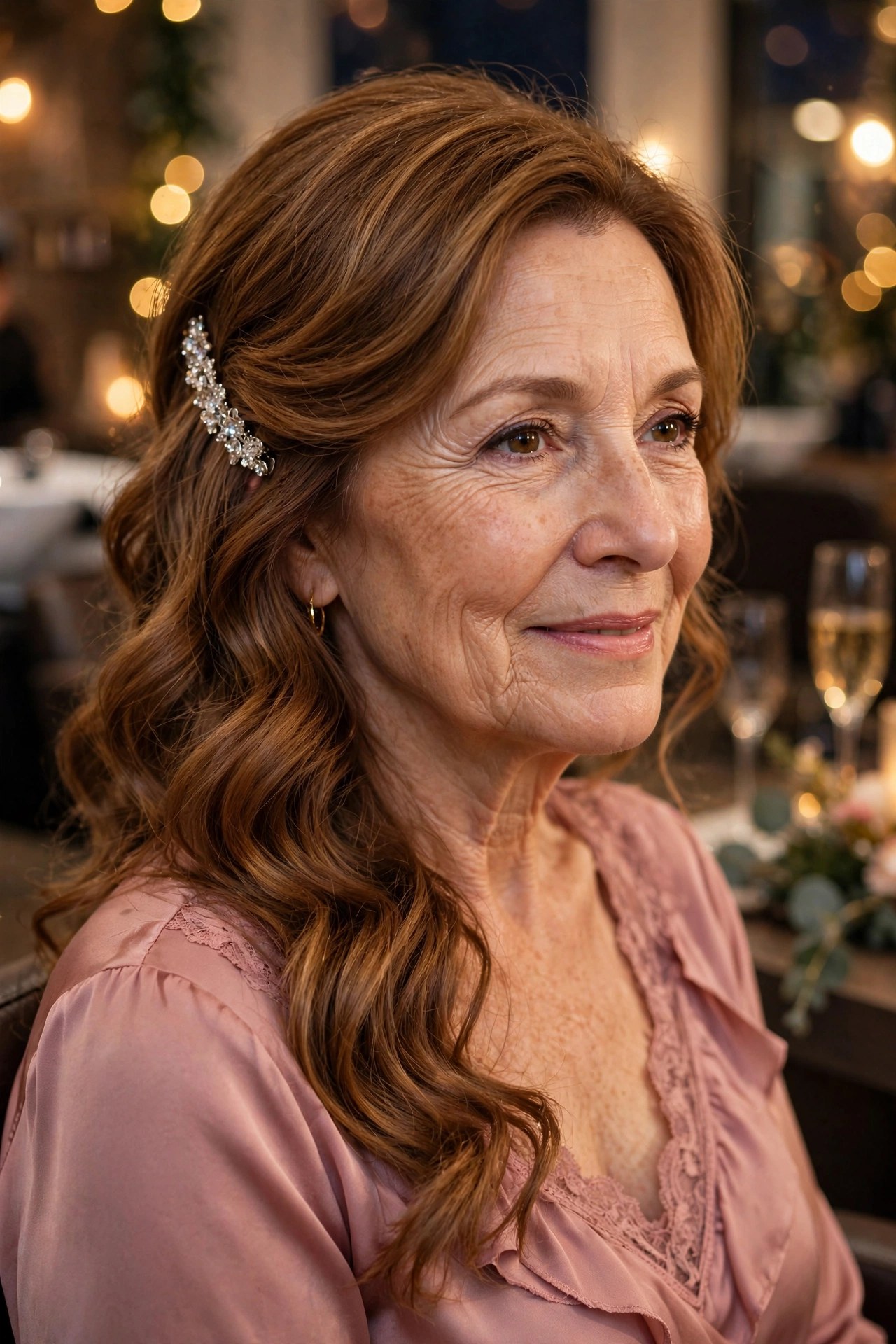Soft romantic waves with a crystal side clip on a woman over 50