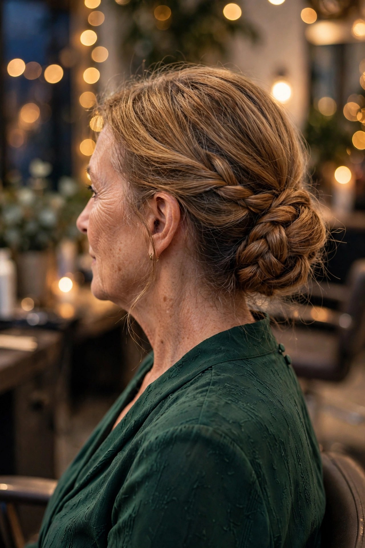 Braided low bun on a woman over 50 at a holiday party