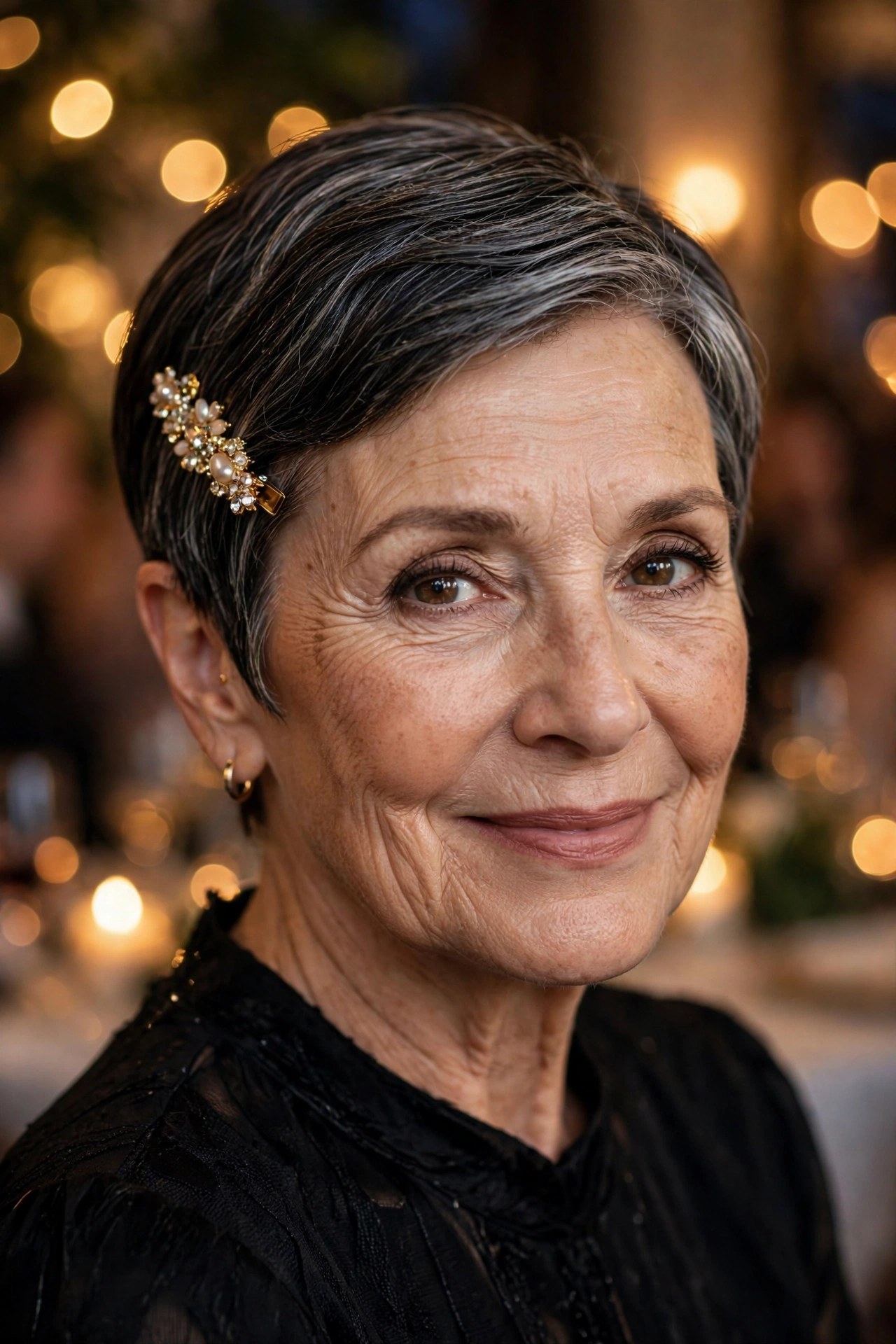 Sleek pixie cut dressed up with a jeweled clip on a woman over 50