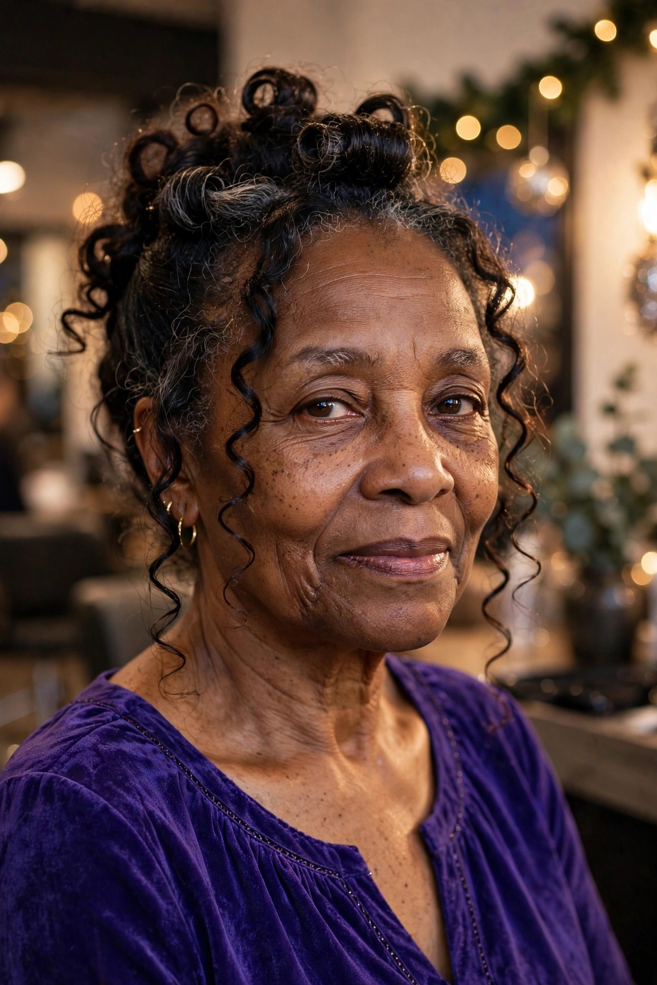 Curly updo with loose face-framing tendrils on a woman over 50