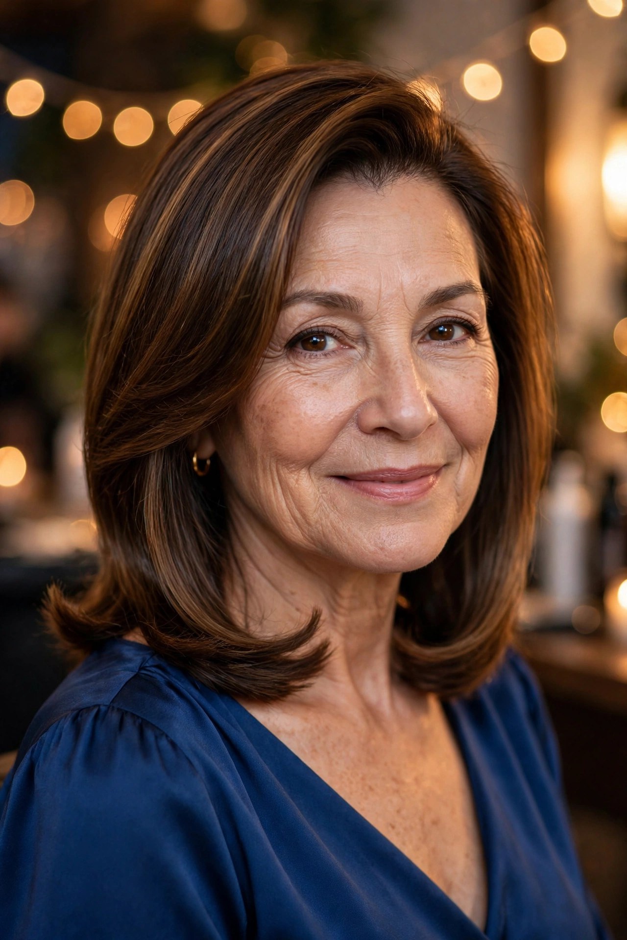 Deep side-part glossy lob on a woman over 50 at a holiday party