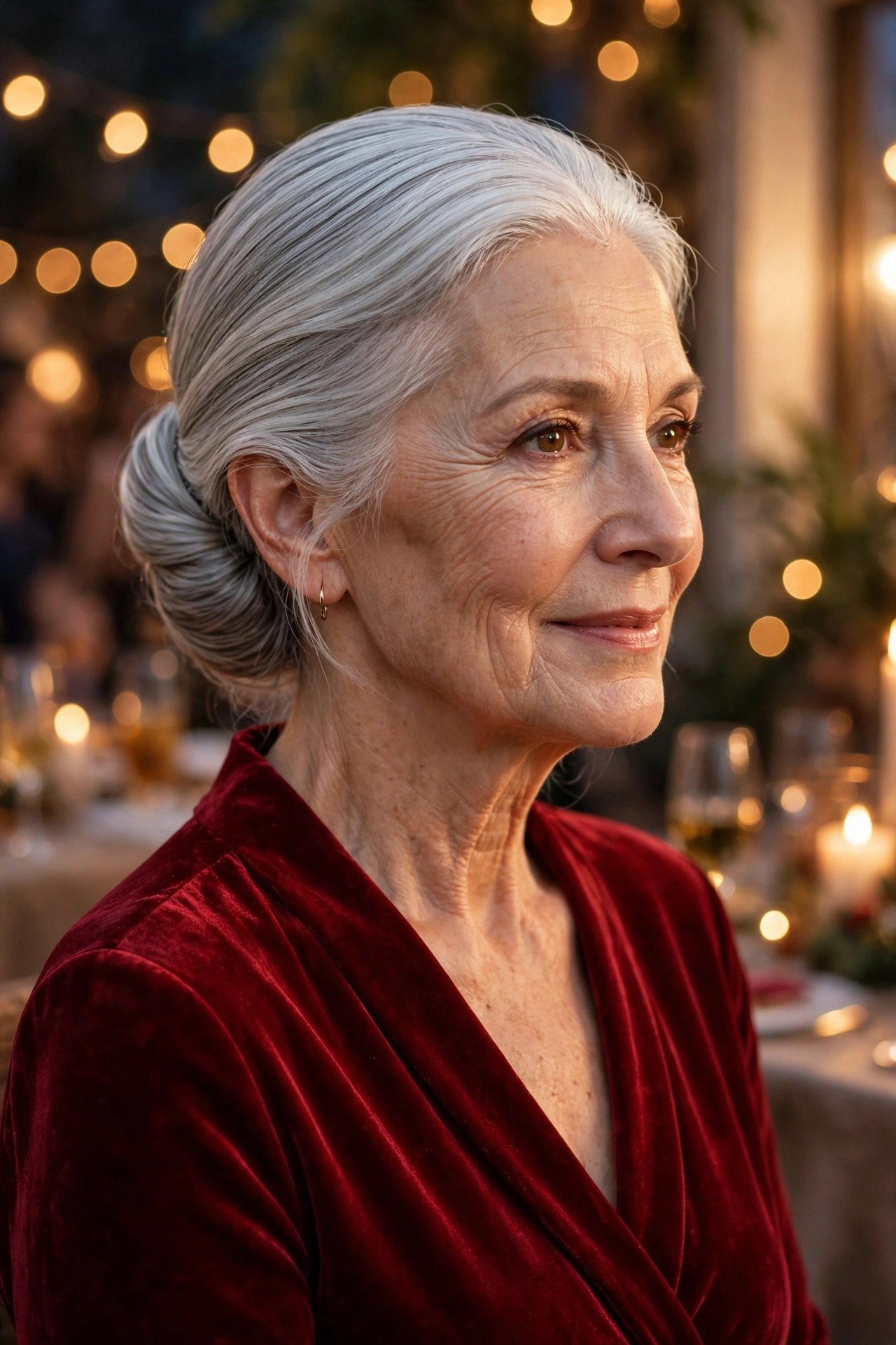 Sleek silver chignon showing off gray hair on a woman over 50
