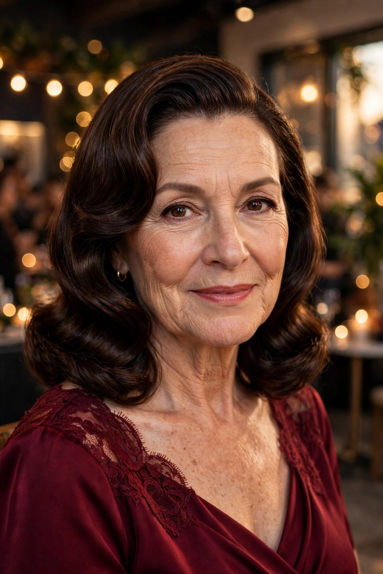 Old Hollywood glam waves with a deep side part on a woman over 50 at a holiday party