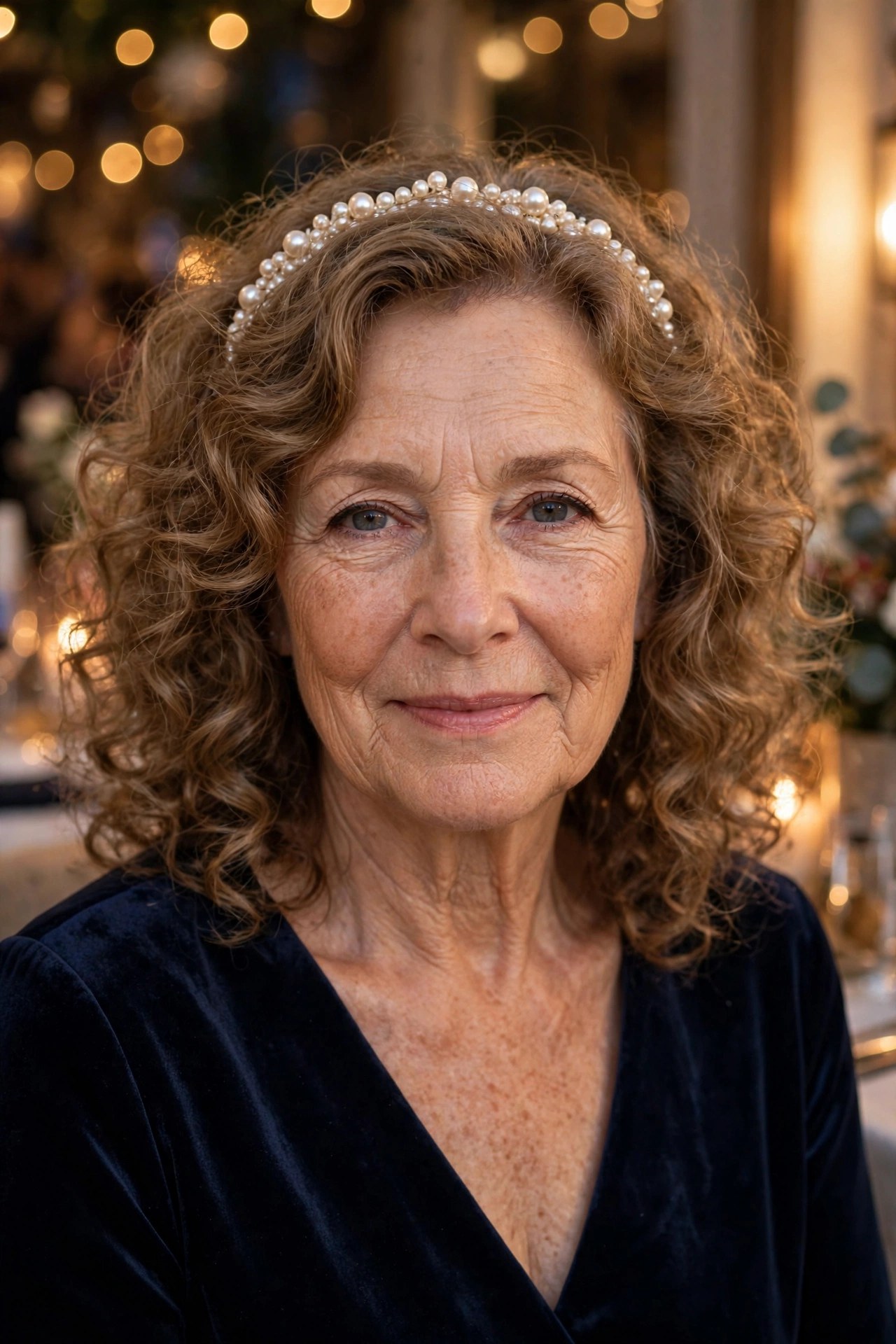 Soft curls with a pearl headband on a woman over 50 at a holiday party