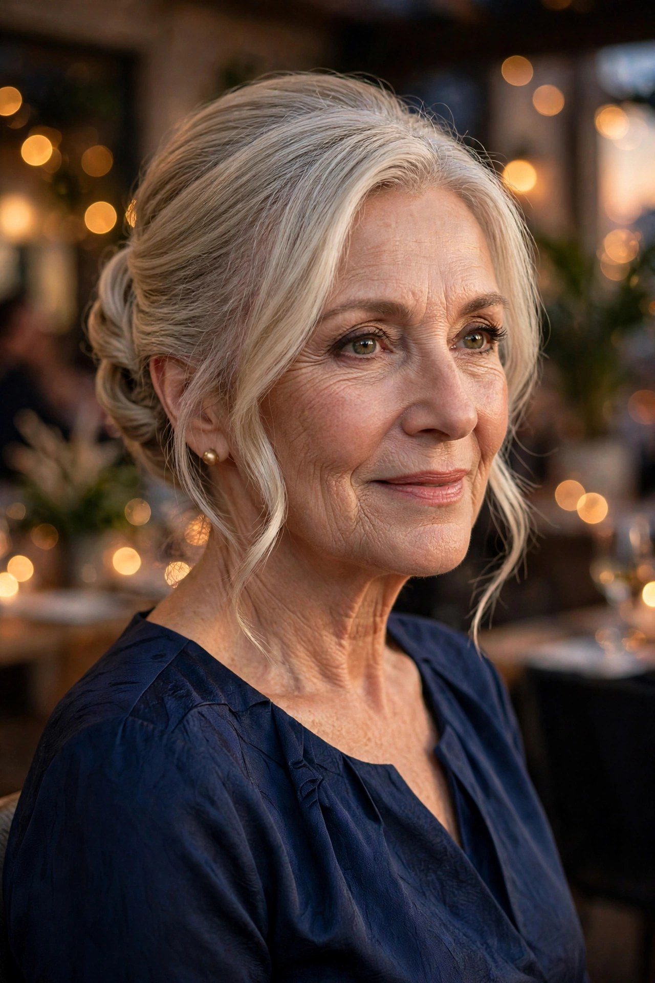 Polished French twist updo with soft face-framing pieces on a woman over 50