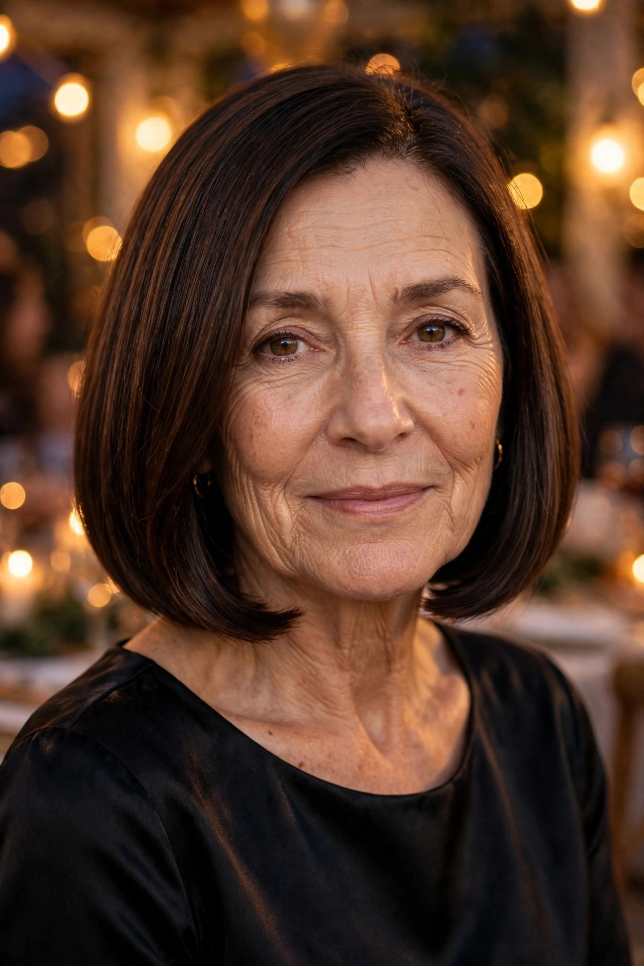 Sleek glass-hair bob with mirror shine on a woman over 50 at a holiday party