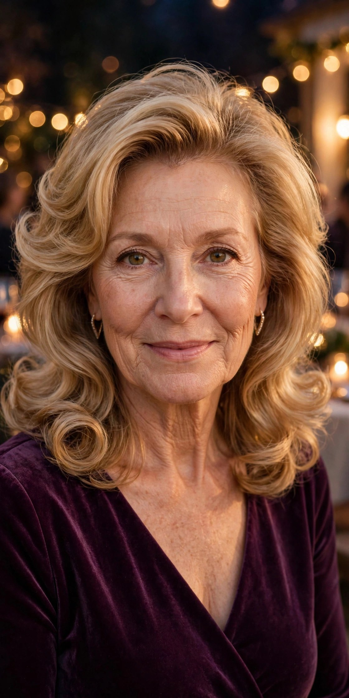 Voluminous bouncy salon blowout on a woman over 50 at a holiday party