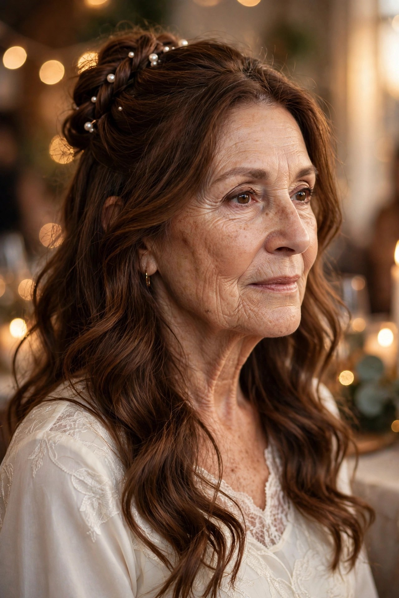 Half-up twist with pearl hair pins and loose waves on a woman over 50