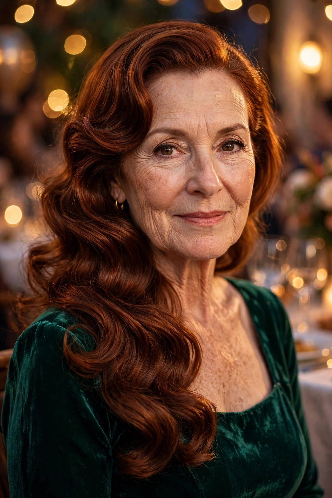 Side-swept vintage glossy curls on a woman over 50 at a holiday party