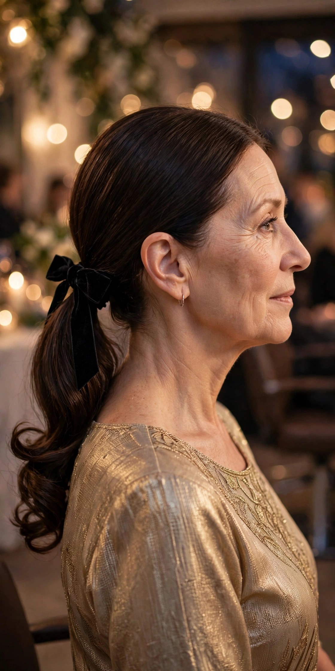 Low ponytail tied with a black velvet ribbon bow on a woman over 50
