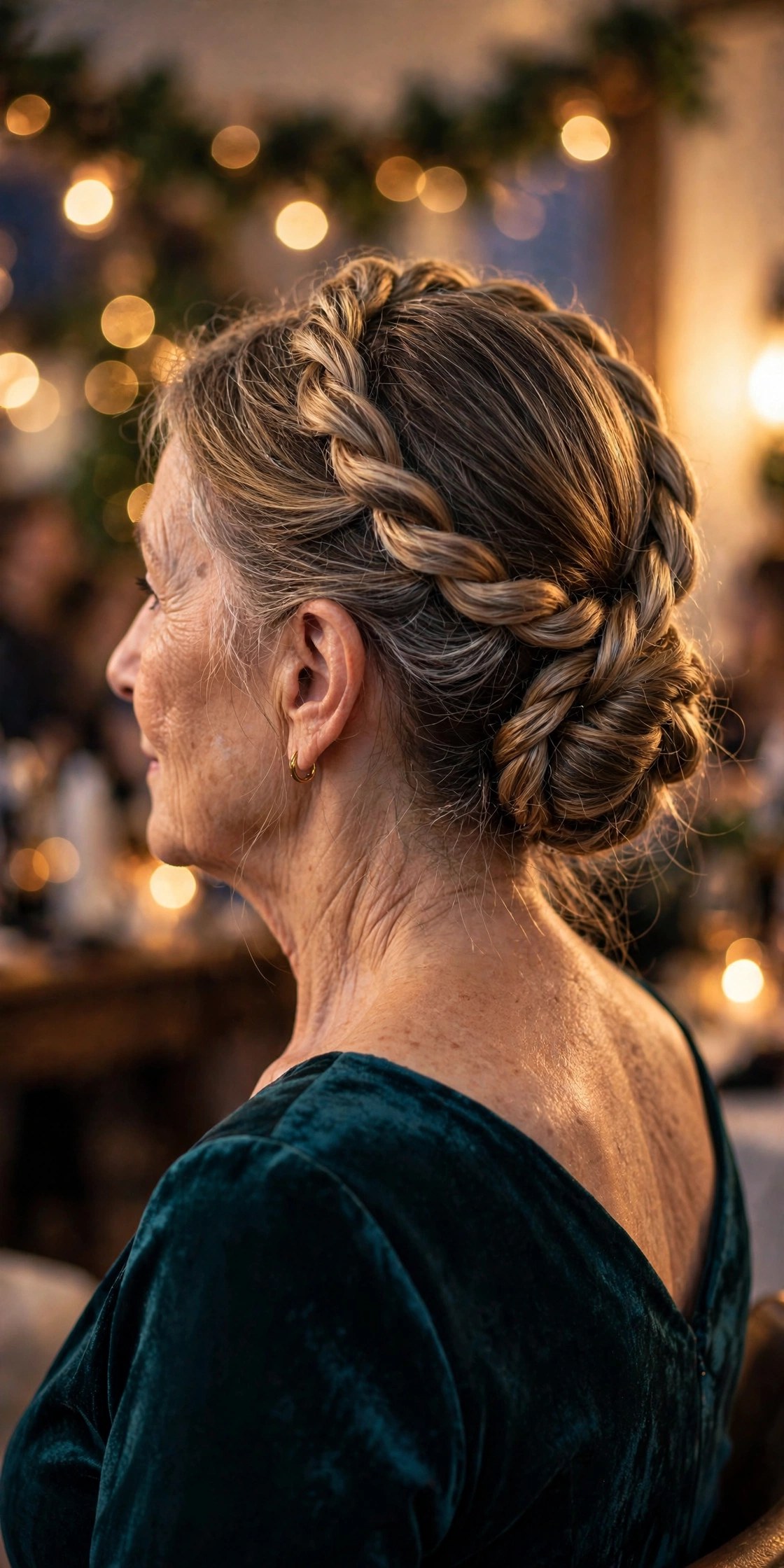 Twisted halo updo on a woman over 50 at a holiday party