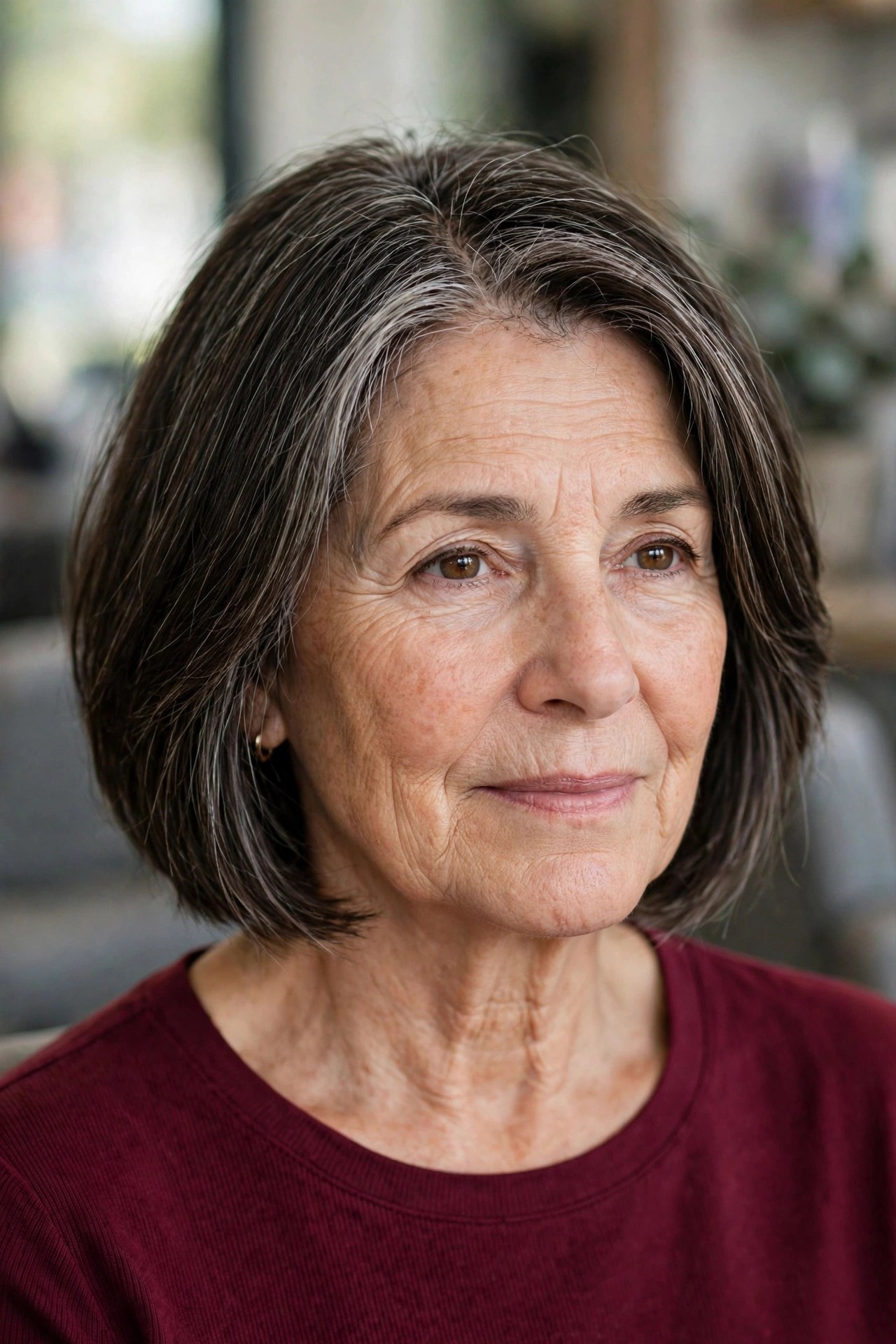 Gray Blending Highlights on a Layered Bob - gray hair transition hairstyle for a woman over 50