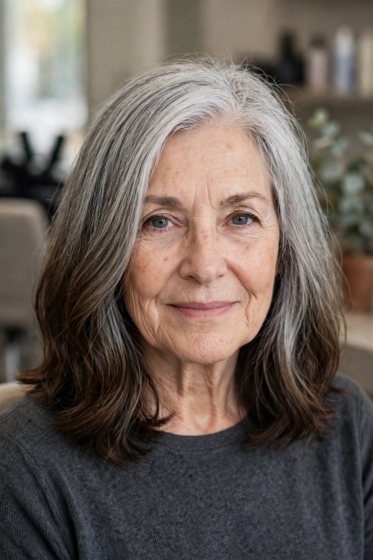 Grombre Grow-Out on a Long Bob - gray hair transition hairstyle for a woman over 50