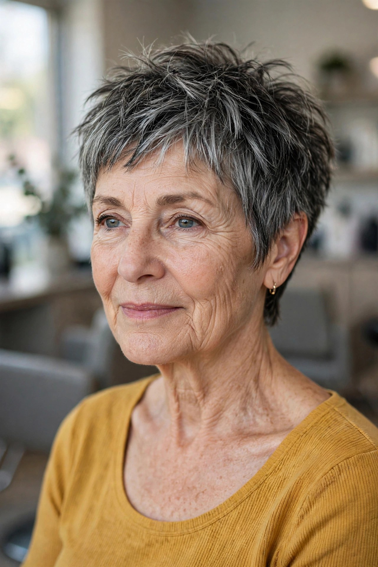 Charcoal Lowlights on a Choppy Pixie - gray hair transition hairstyle for a woman over 50