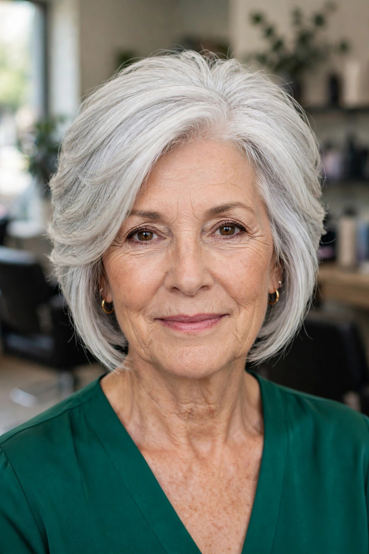 Fully Transitioned White-Silver Stacked Bob - gray hair transition hairstyle for a woman over 50