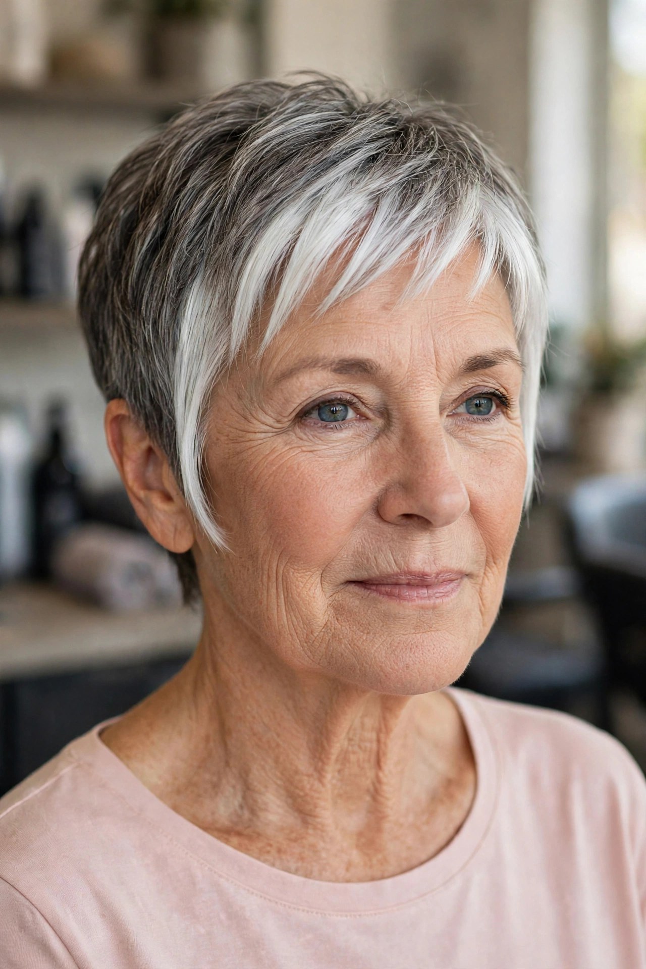 Silver Money Piece on a Pixie-Bob (Bixie) - gray hair transition hairstyle for a woman over 50