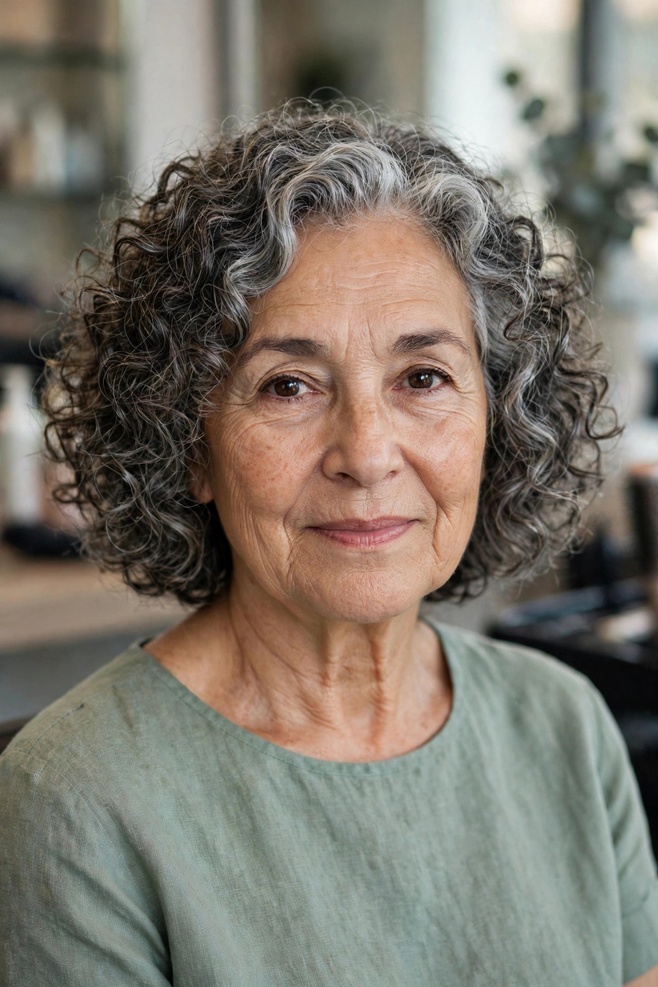 Toner-Balanced Transition on a Curly Bob - gray hair transition hairstyle for a woman over 50