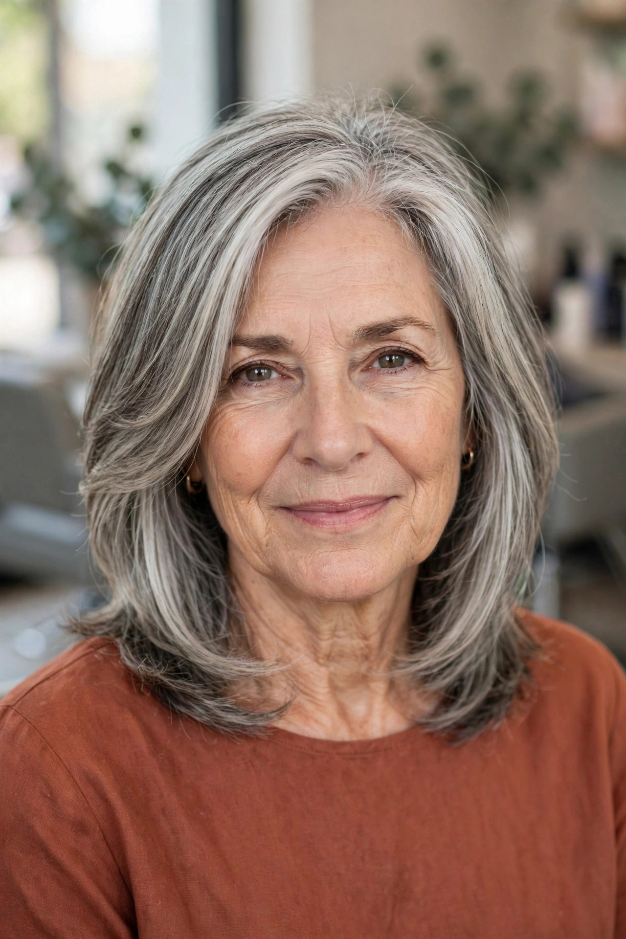 Face-Framing Layers on Fully Gray Medium Hair - gray hair transition hairstyle for a woman over 50