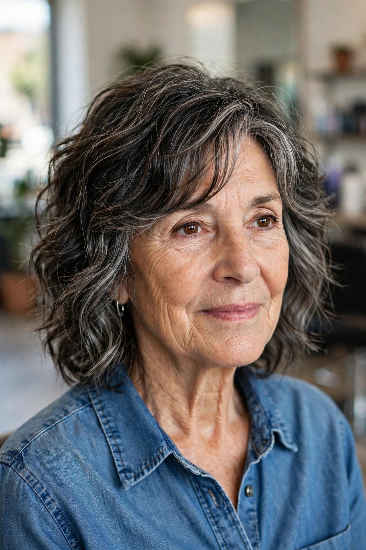 Blended Gray on a Wavy Shag - gray hair transition hairstyle for a woman over 50