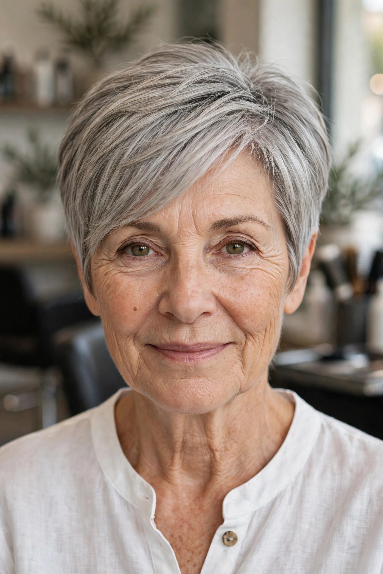 Silver Long-Top Pixie — the Grow-Out Friendly Finish - gray hair transition hairstyle for a woman over 50