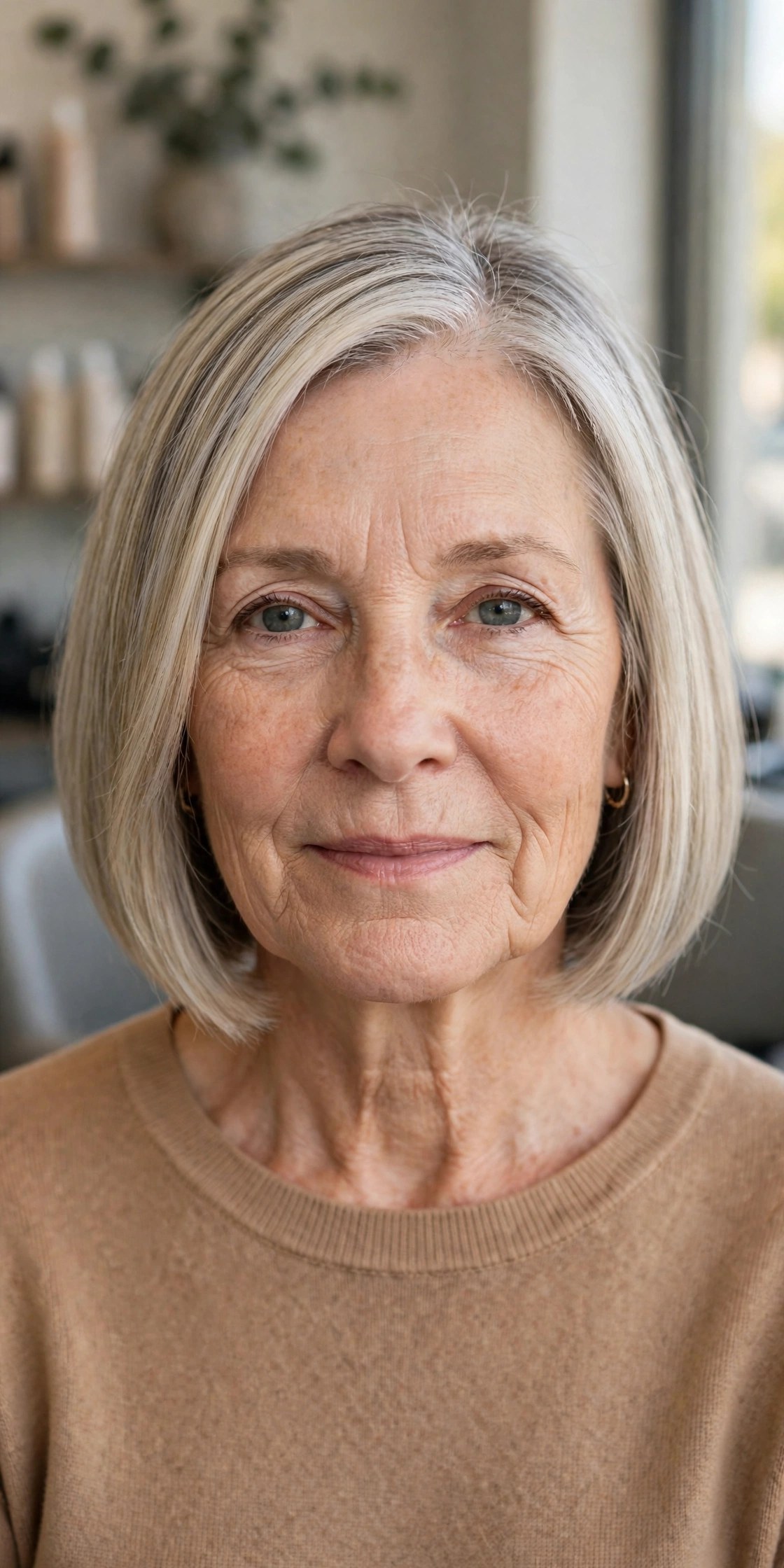 Ash Blonde Bridge Color on a Blunt Bob - gray hair transition hairstyle for a woman over 50