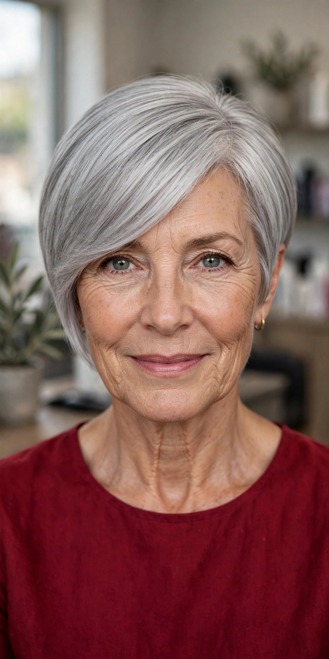 The Final Reveal — Polished Silver Long Pixie with a Side Sweep - gray hair transition hairstyle for a woman over 50
