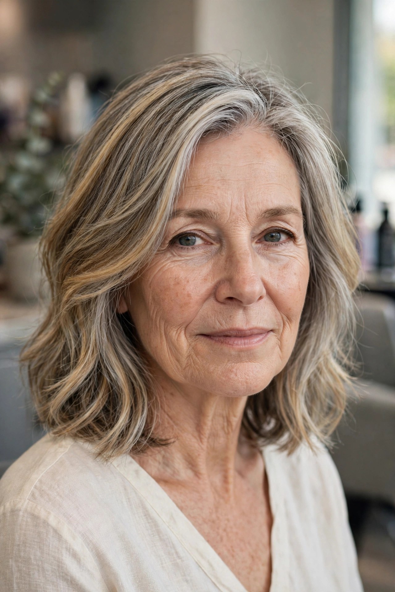 Herringbone Highlights on a Shoulder-Length Lob - gray hair transition hairstyle for a woman over 50