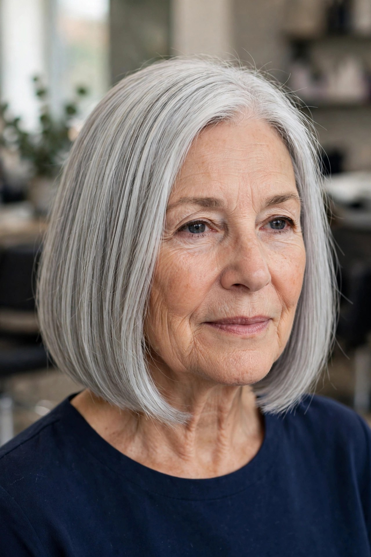 The Cold-Turkey Bob Chop — Sleek and Fully Silver - gray hair transition hairstyle for a woman over 50