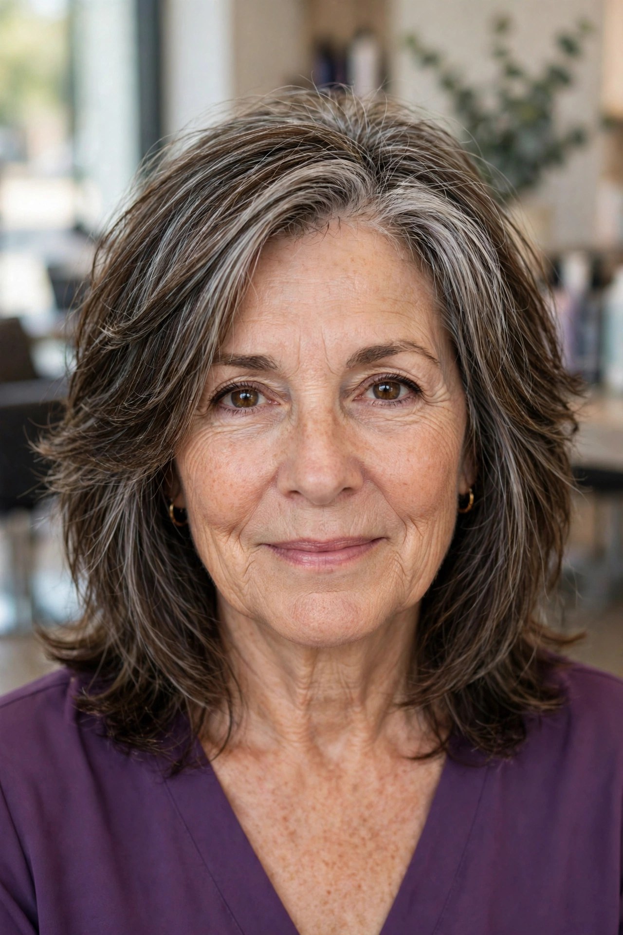 Lowlights for Blending on Feathered Layers - gray hair transition hairstyle for a woman over 50