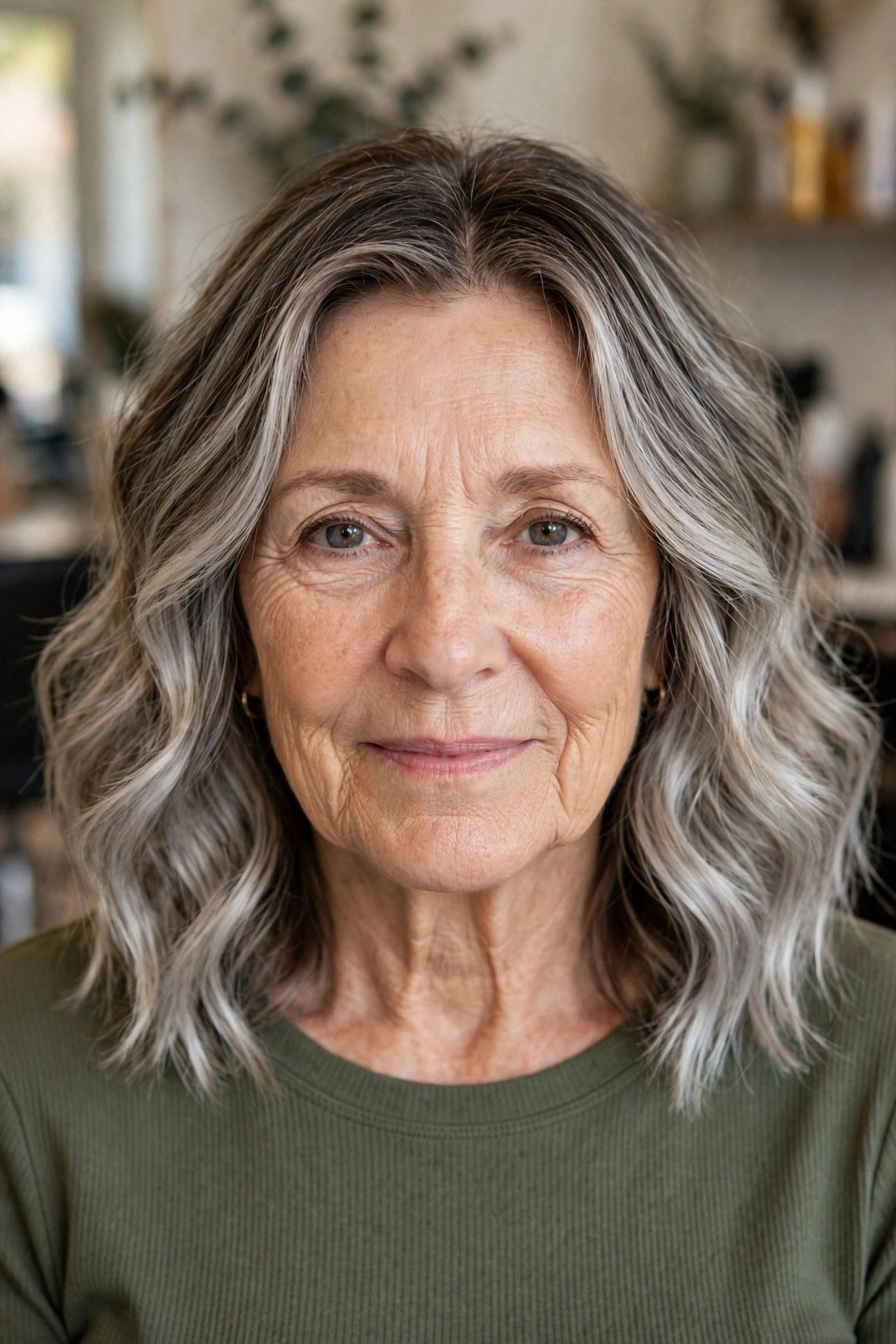 Salt-and-Pepper Balayage on a Wavy Lob - gray hair transition hairstyle for a woman over 50