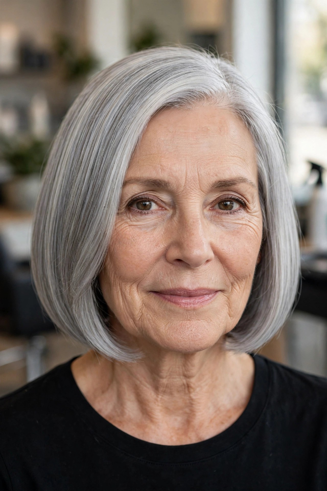 Gloss Treatments on a Fully Transitioned Silver Bob - gray hair transition hairstyle for a woman over 50