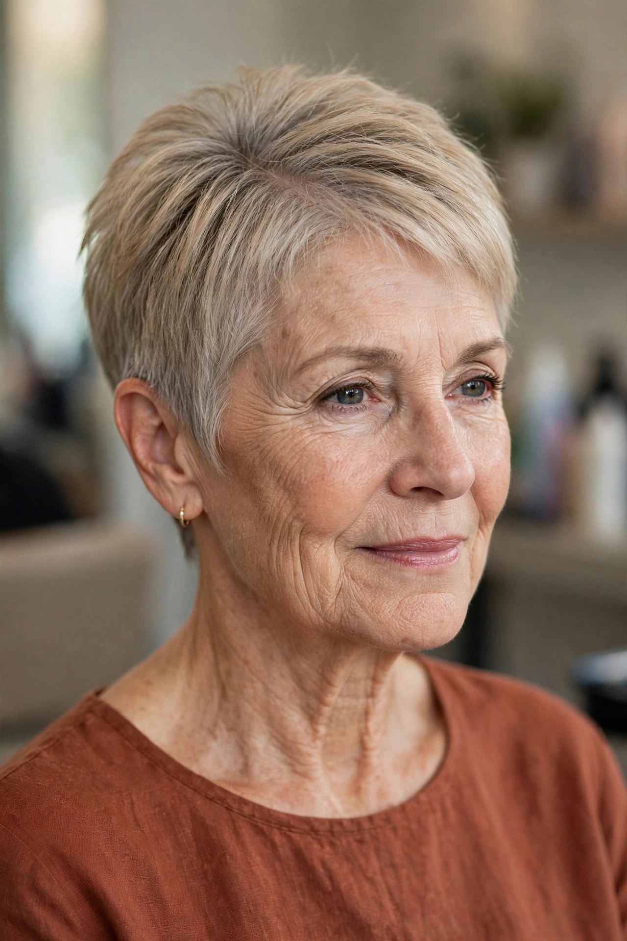 Root Smudge on a Textured Crop - gray hair transition hairstyle for a woman over 50