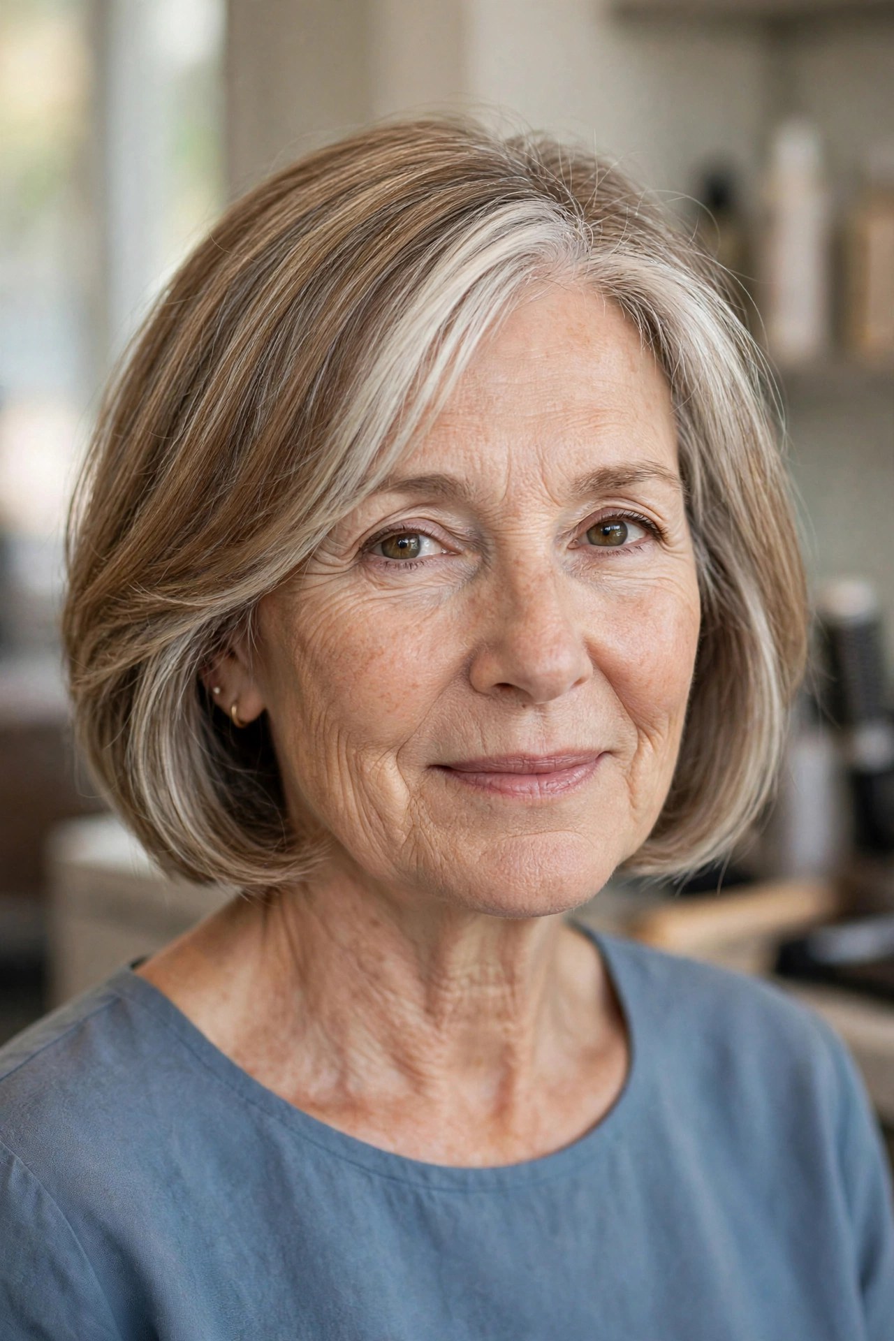 Hairline Babylights on a Soft Bob - gray hair transition hairstyle for a woman over 50