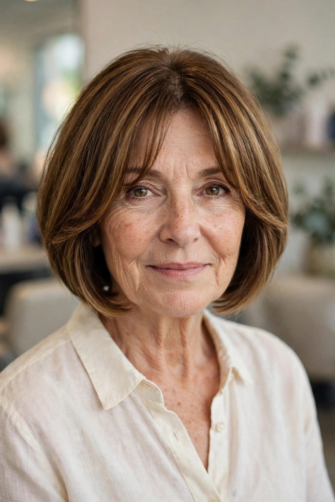 Inverted Bob with Curtain Bangs - inverted bob hairstyle for a woman over 50