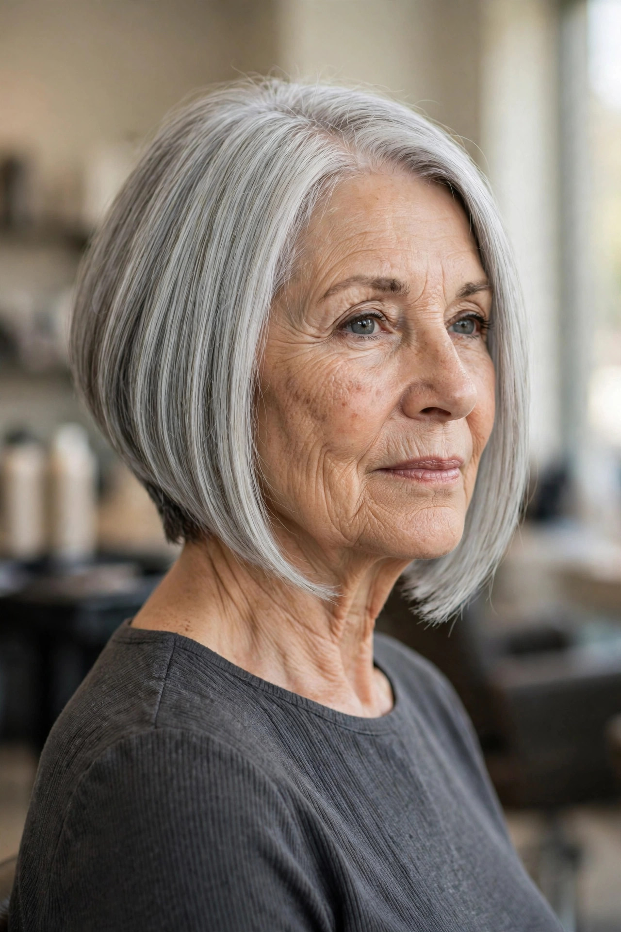 Silver Gray Inverted Bob - inverted bob hairstyle for a woman over 50