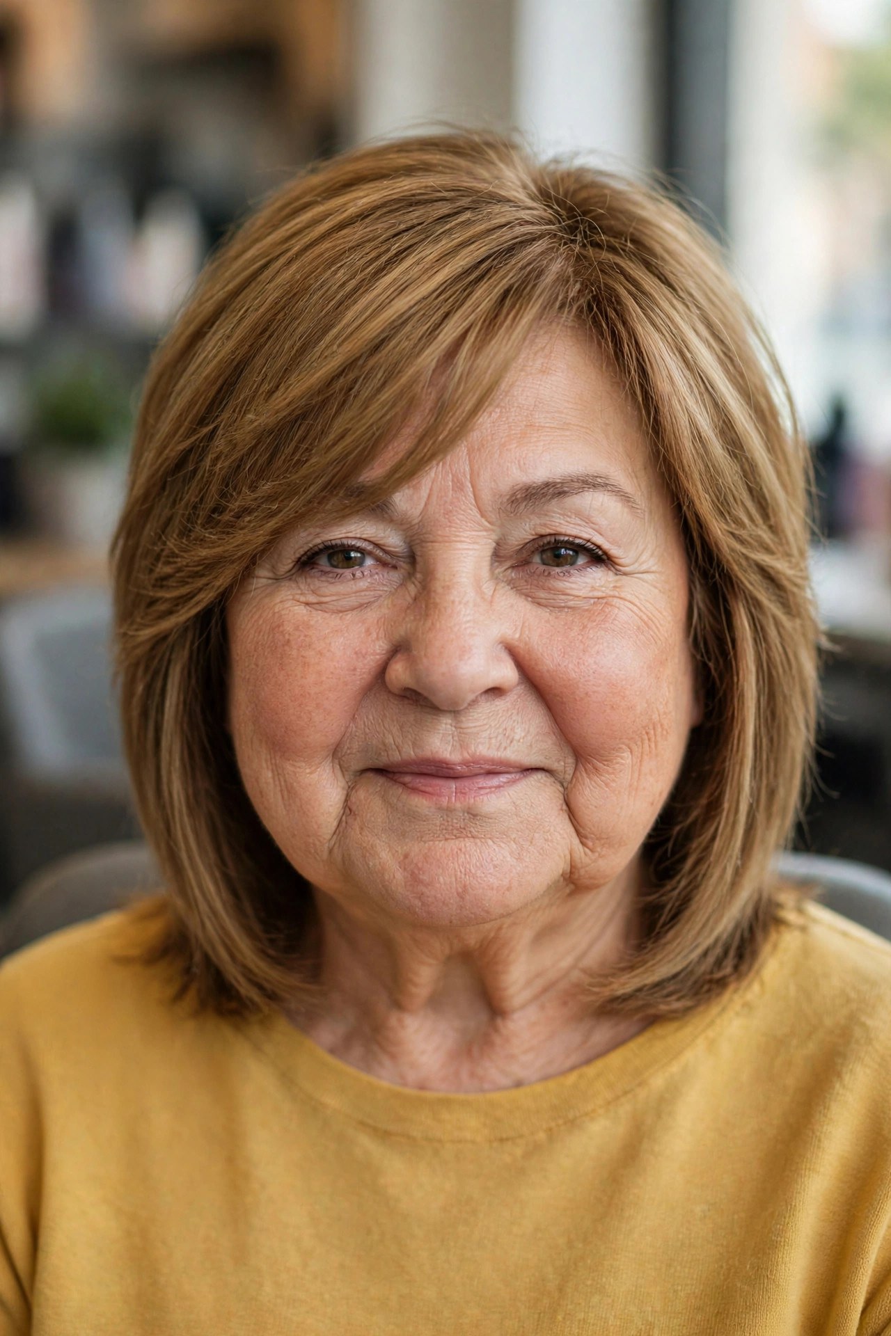 Layered Bob with Wispy Side-Swept Bangs - layered bob for round face woman over 60
