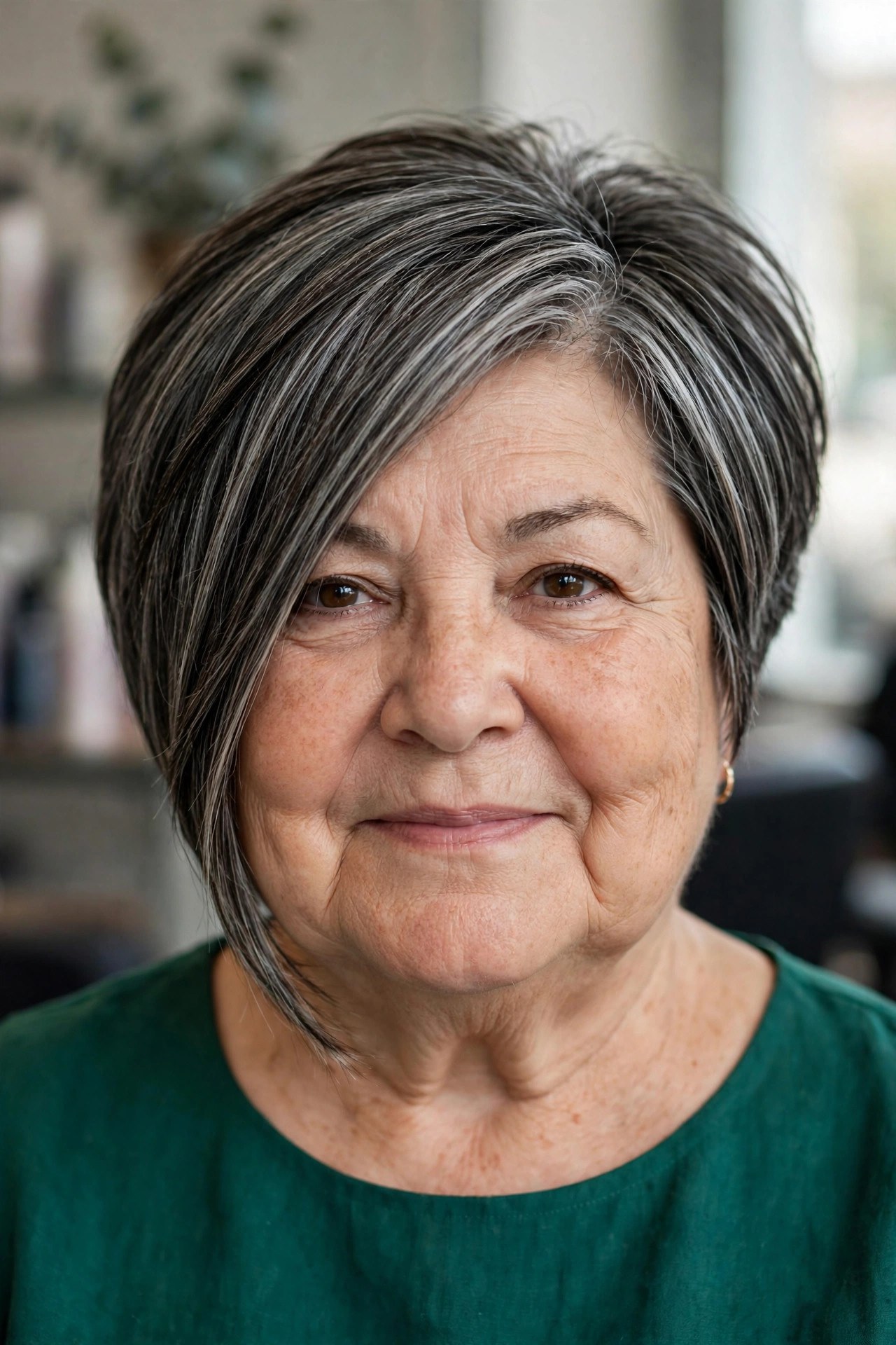 Inverted Layered Bob with a Long Angled Front - layered bob for round face woman over 60