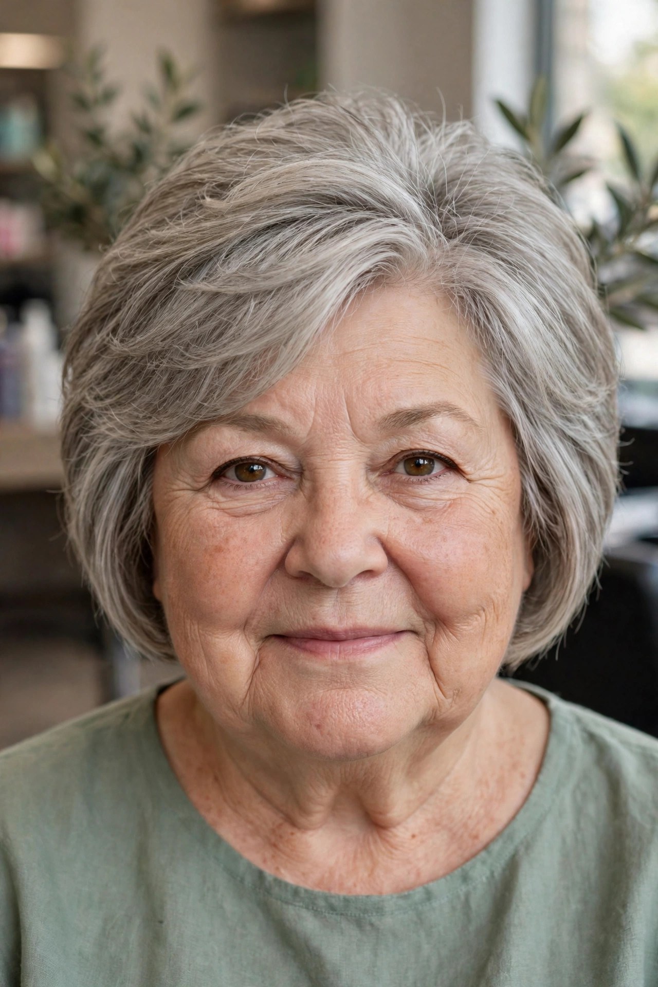 Feathered-Crown Bob with Tapered Sides - layered bob for round face woman over 60