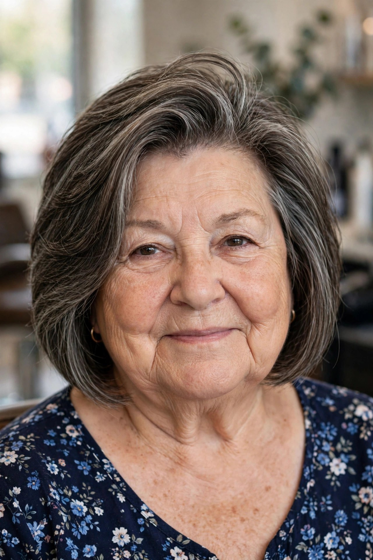 Salt-and-Pepper Layered Bob with Crown Height - layered bob for round face woman over 60