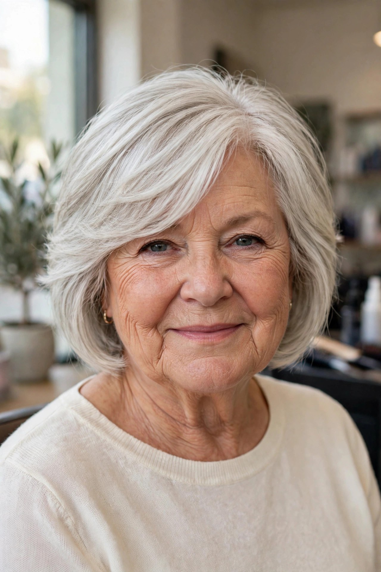Feathered Layered Bob with a Side-Swept Fringe - layered bob for round face woman over 60